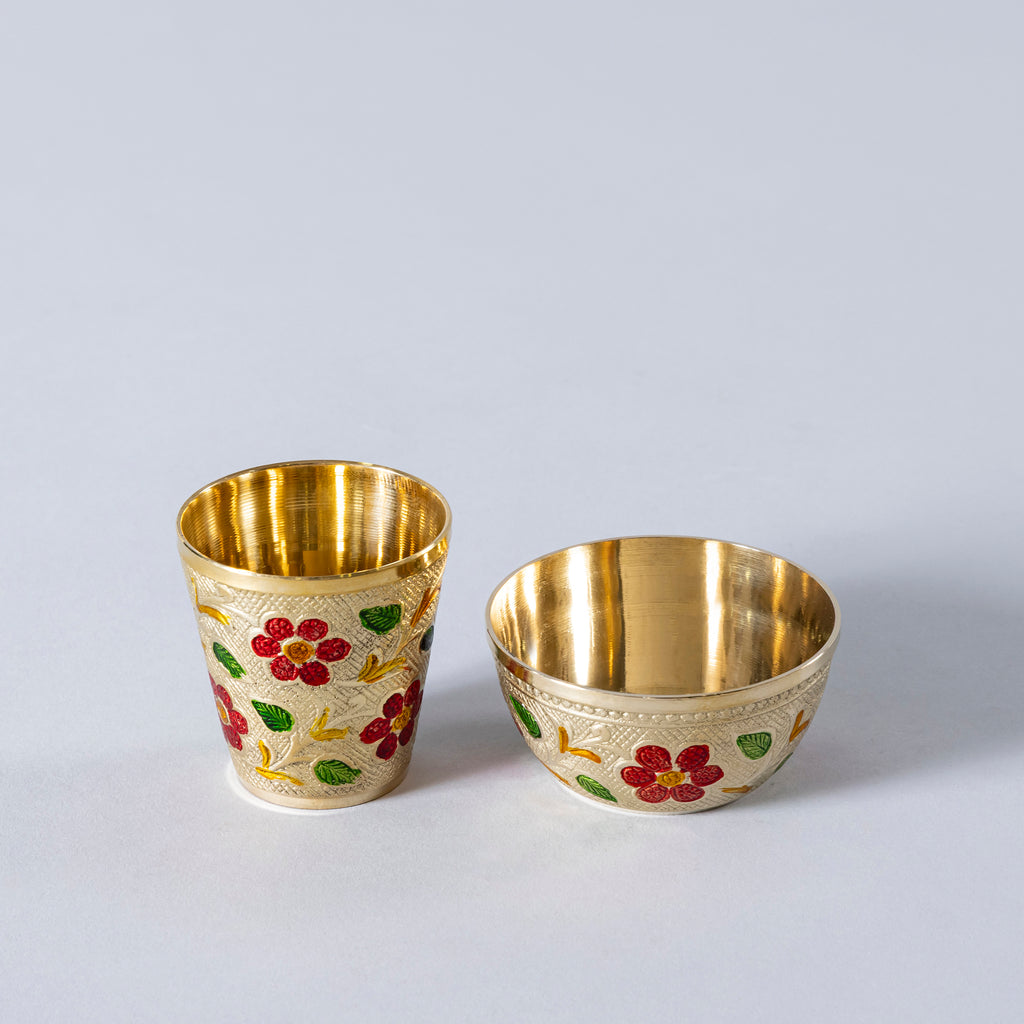 Brass Handprinted mini glass and bowl set.