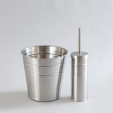 Shiny stainless steel waste bin and brush holder combo.