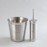 Shiny stainless steel waste bin and brush holder combo.