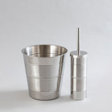 Shiny stainless steel waste bin and brush holder combo.